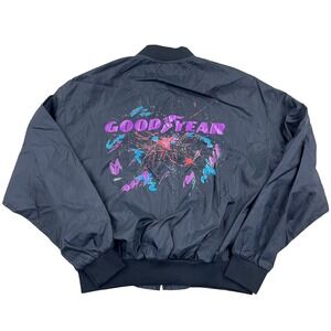 Vintage Goodyear Tires Jacket Men XL Black Nylon Wind Bomber Unlined USA 80s 90s